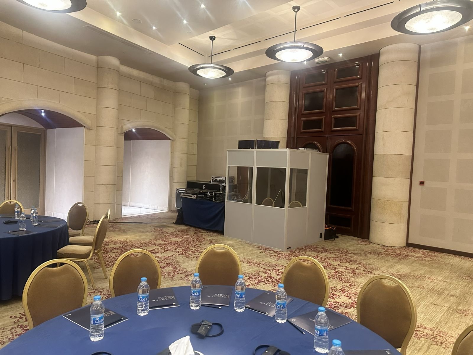 Eventranz interpretation booth and equipment in a hotel ballroom